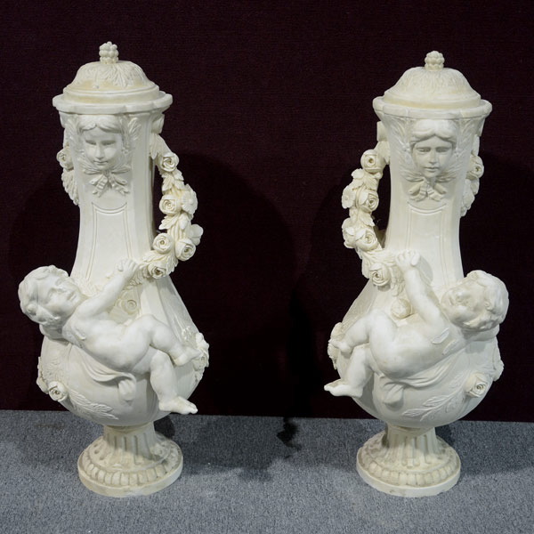 Pair of French Louis XVI Marble Urns, each baluster form with an integrated dome cover with a