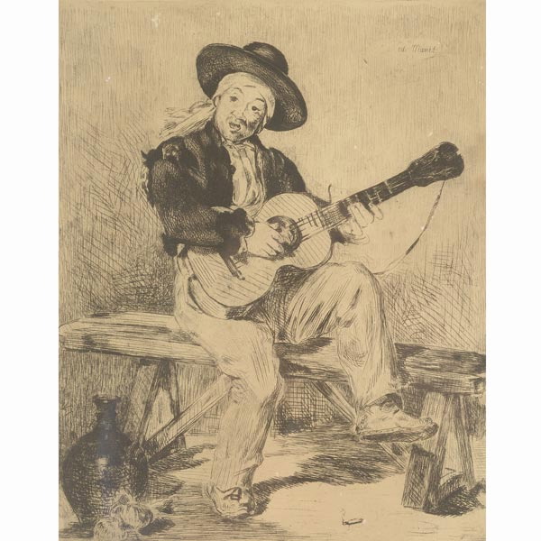 EDOUARD MANET (French 1832-1883) "The Guitar Player" Etching on paper. Plate: 11.75 x 9.75 inches/