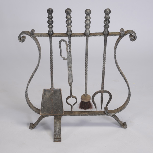 Lyre Form Fire Tool Stand with Four Tools {Dimensions of stand 28 x 22 1/4 inches}  Starting