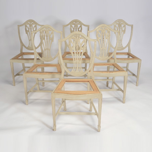 Six Sheraton Style Ivory Painted Dining Chairs, lacking seats {Dimensions 38 1/2 x 20 x 17 1/2