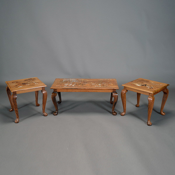Galle Style Inlaid Marquetry Three Piece Table Set Made in Southeast Asia {Dimensions of coffee