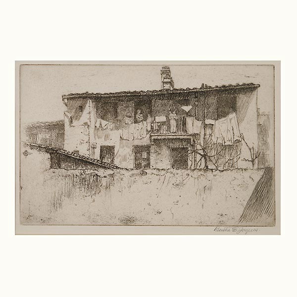 BERTHA EVELYN JAQUES (American 1863- 1941) "Drying the Laundry" Etching on paper. Plate: 6 x 9.5