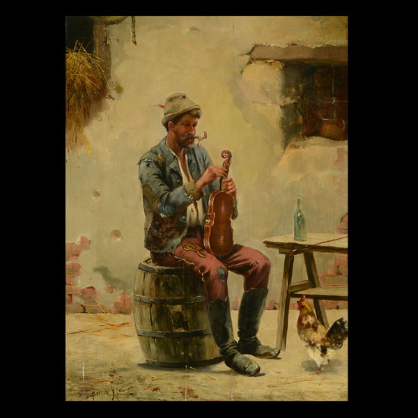 KALMAN BORSODI (Hungarian 19th Century) "Violin Stringer" Oil on board. 15.5 x 11.5 inches/ 39.4 x