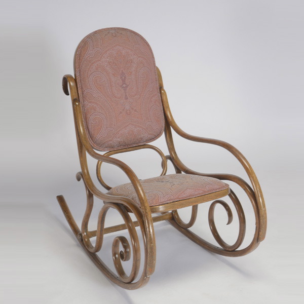 Thonet Bentwood Rocker, with paisley upholstery, unsigned {Dimensions 35 x 37 x 20 inches}  Starting