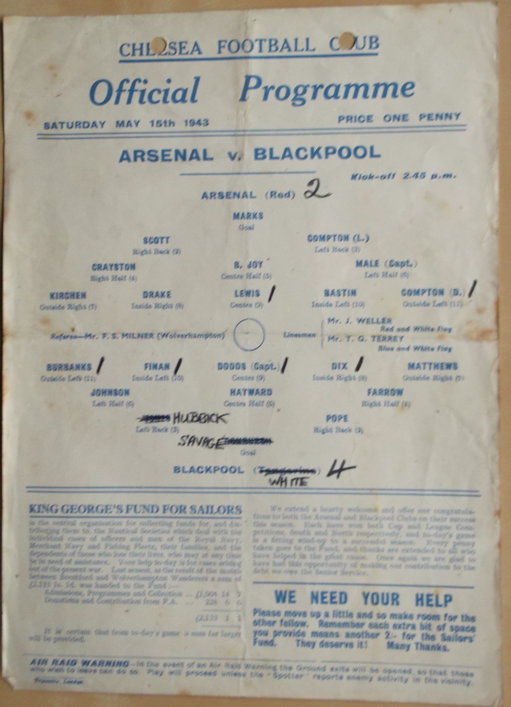 1942/43 ARSENAL V BLACKPOOL - NTH V STH FINAL AT CHELSEA Single Sheet Programme for this North v