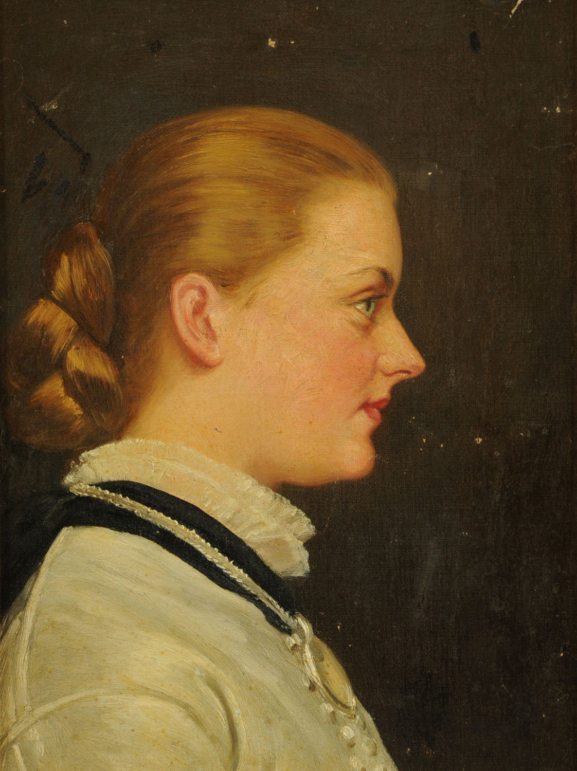 Louise Taylor, oil painting on canvas, profile portrait of young lady. 11.5 ins x 8.25 ins, dated