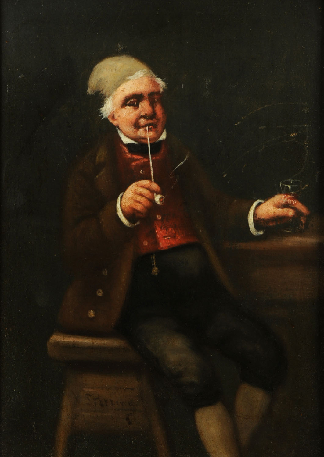 After Teniers, oil painting on board, old man smoking pipe. 11 ins x 7.75 ins.