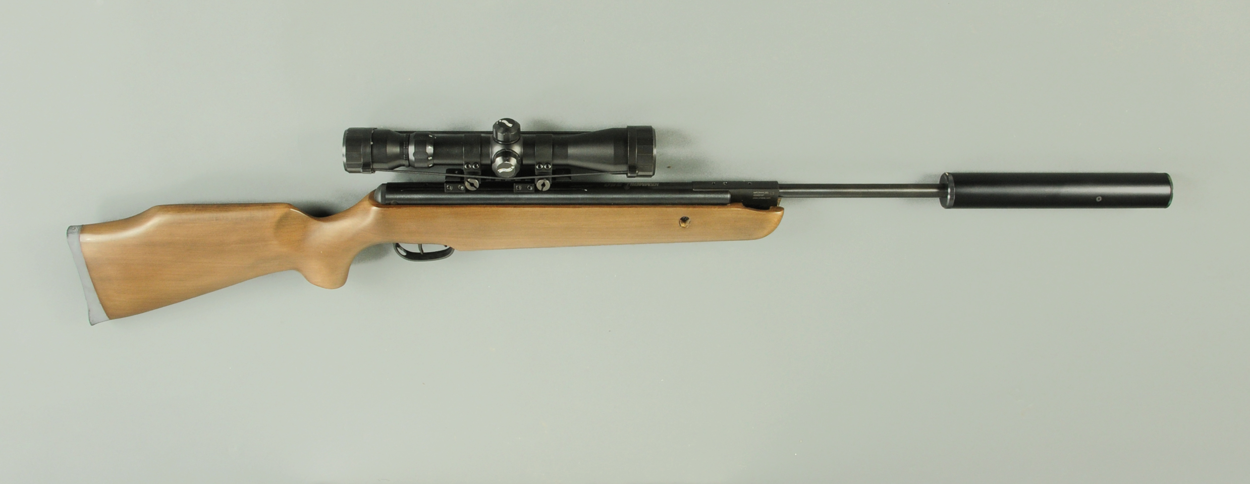 Hannerli Model 550 break barrel.22 air rifle. Serial number 23000167 fitted with a sound moderator