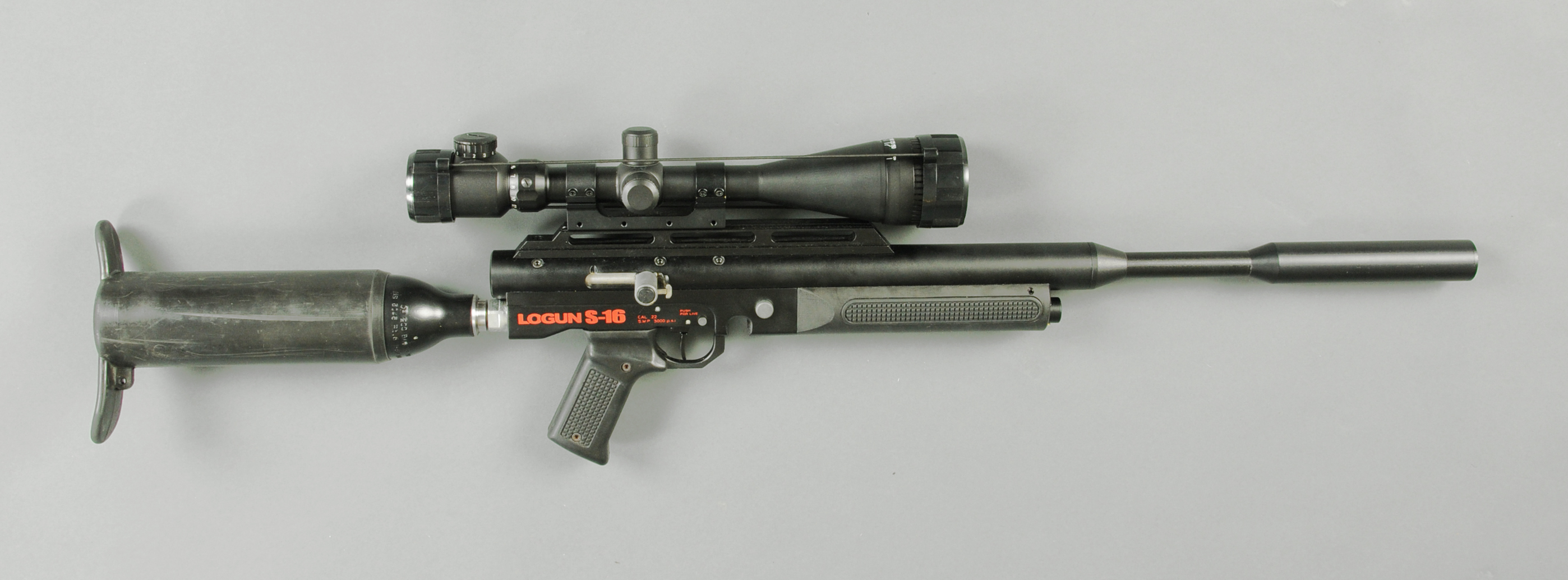 Logun S-16.22 pre-charged air rifle, complete with magazine, sound moderator, red dot laser