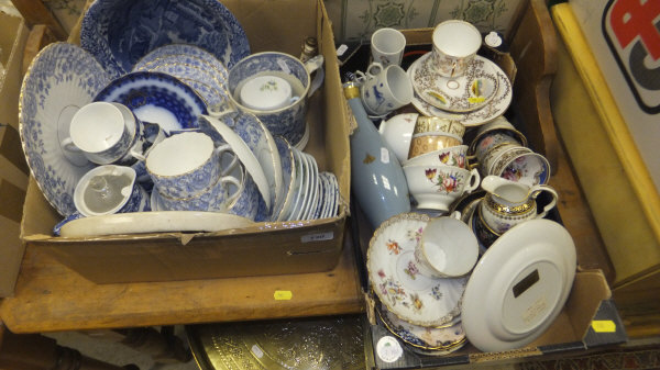 Two boxes of various china to include blue and white wares, 19th century teacups and saucers,