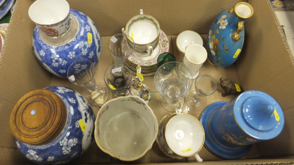 Two 19th century blue and white ginger jars, a Chinese blue and white and oxide red decorated tea