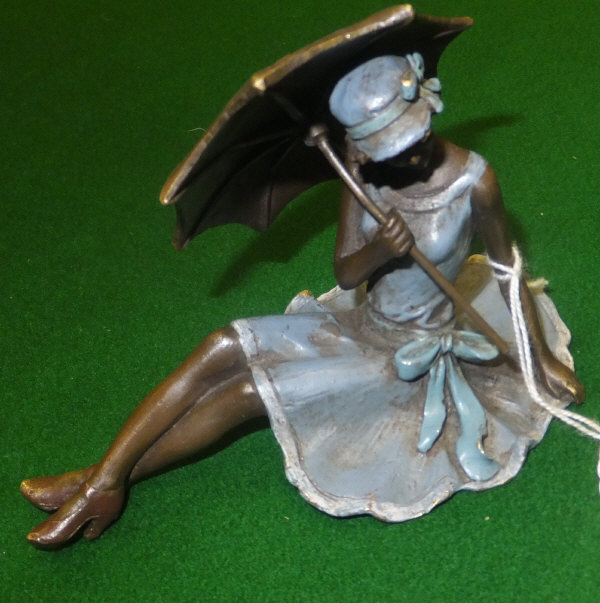 An erotic cold painted bronze AFTER BERGMAN of a young girl in tea dress with a parasol,