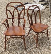 A set of six beech and ash lathe back chairs in the 19th century manner, the shaped seats on