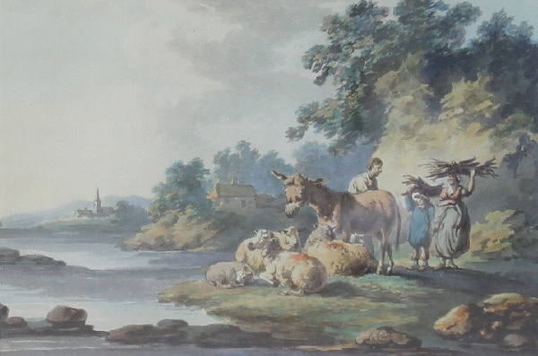 LA CAVE (CONTINENTAL) "A river landscape with recumbent sheep, donkey and three figures on a bank