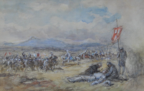 ENGLISH SCHOOL "Study of a battlefield with wounded knight in armour in the foreground and figures