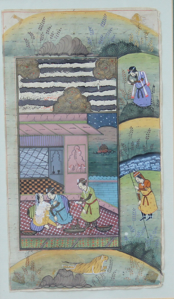 19TH CENTURY MOGHUL SCHOOL "Figures taking tea", with script and figures hunting buffalo and deer to