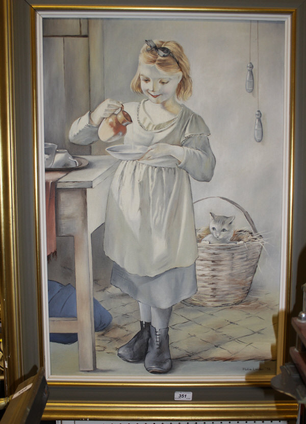 PAULINE LANDEN (20TH CENTURY) "Young child pouring milk into a bowl for a cat, behind her in a