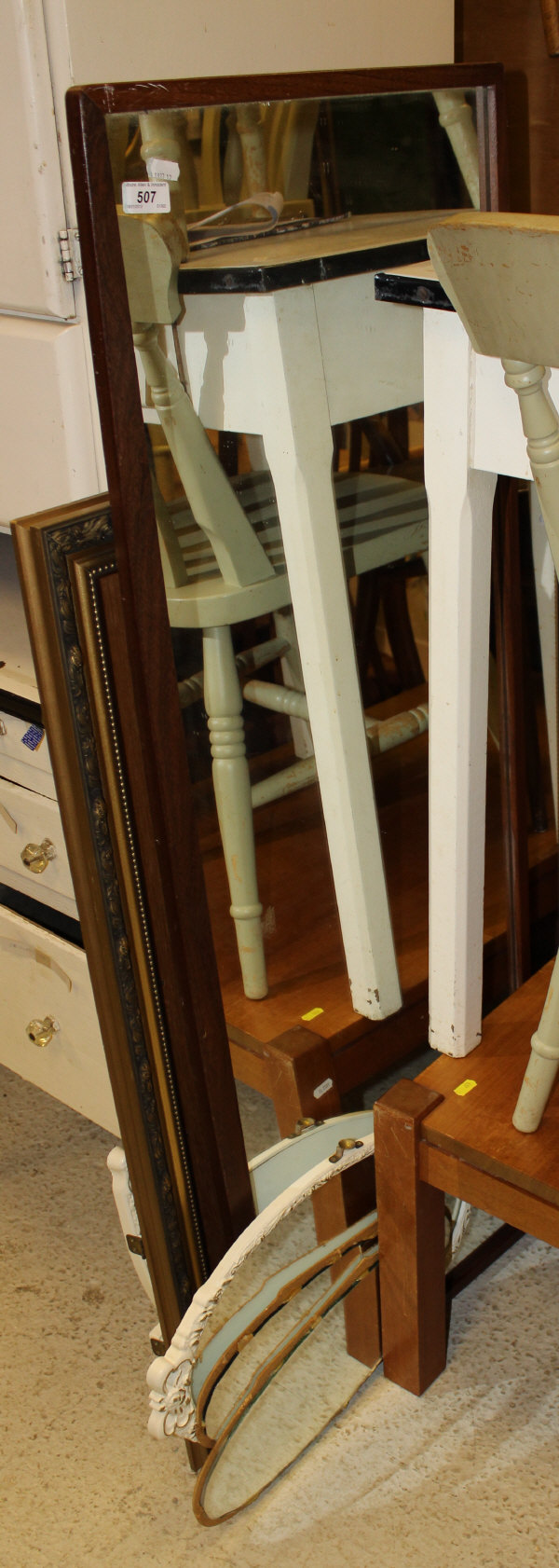 Three various modern wall mirrors, together with a white and gilt decorated triple dressing mirror