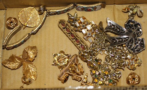 A box of assorted costume jewellery to include micro mosaic bracelet, each panel set with floral