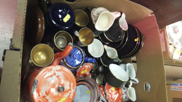 A box of sundry china etc, to include a set of French enamelled storage jars, inscribed "Sucre", "