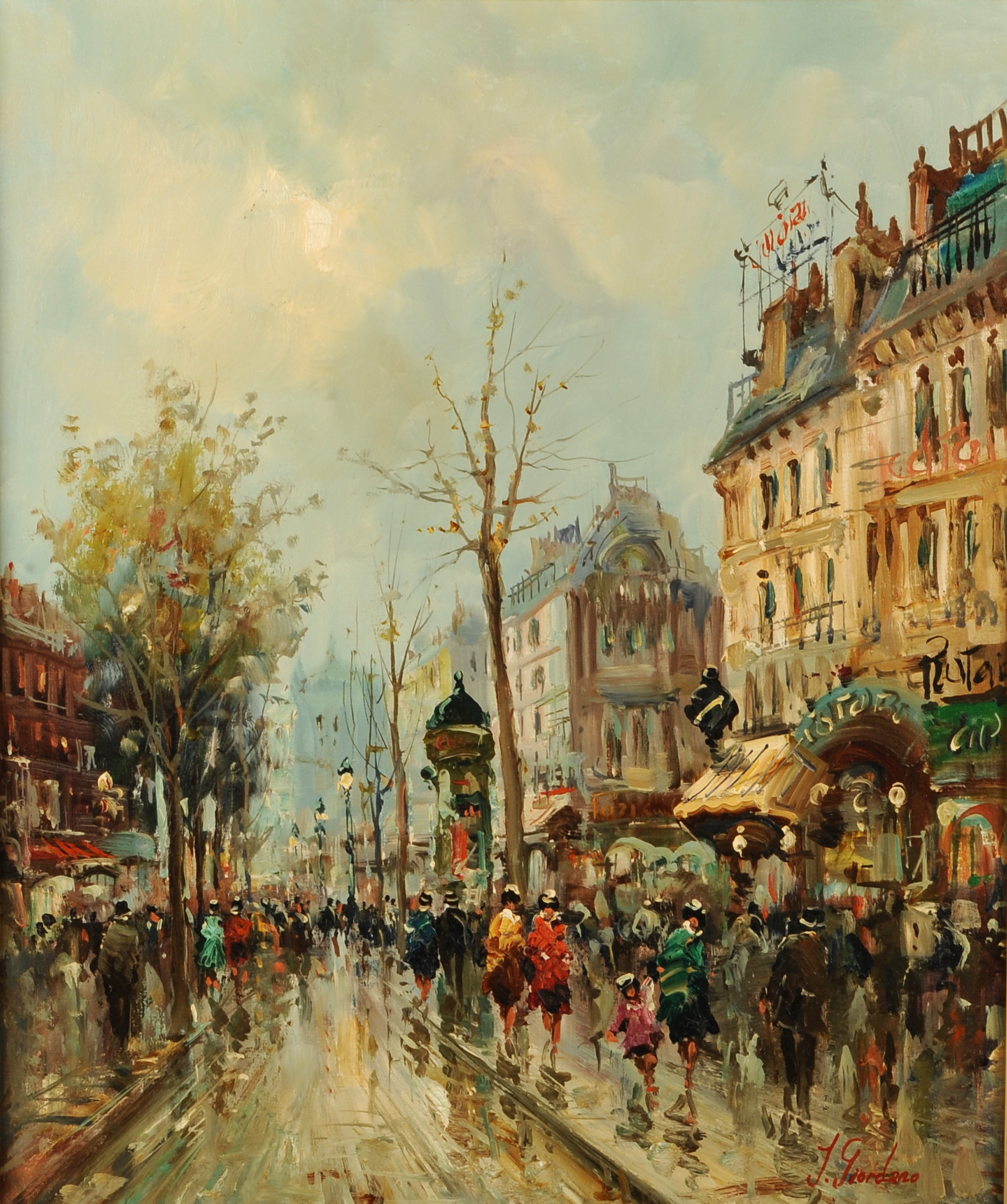 ARR FELICE GIORDANO (Italian 1880-1964), Paris street scene in Autumn, oil on canvas, signed lower
