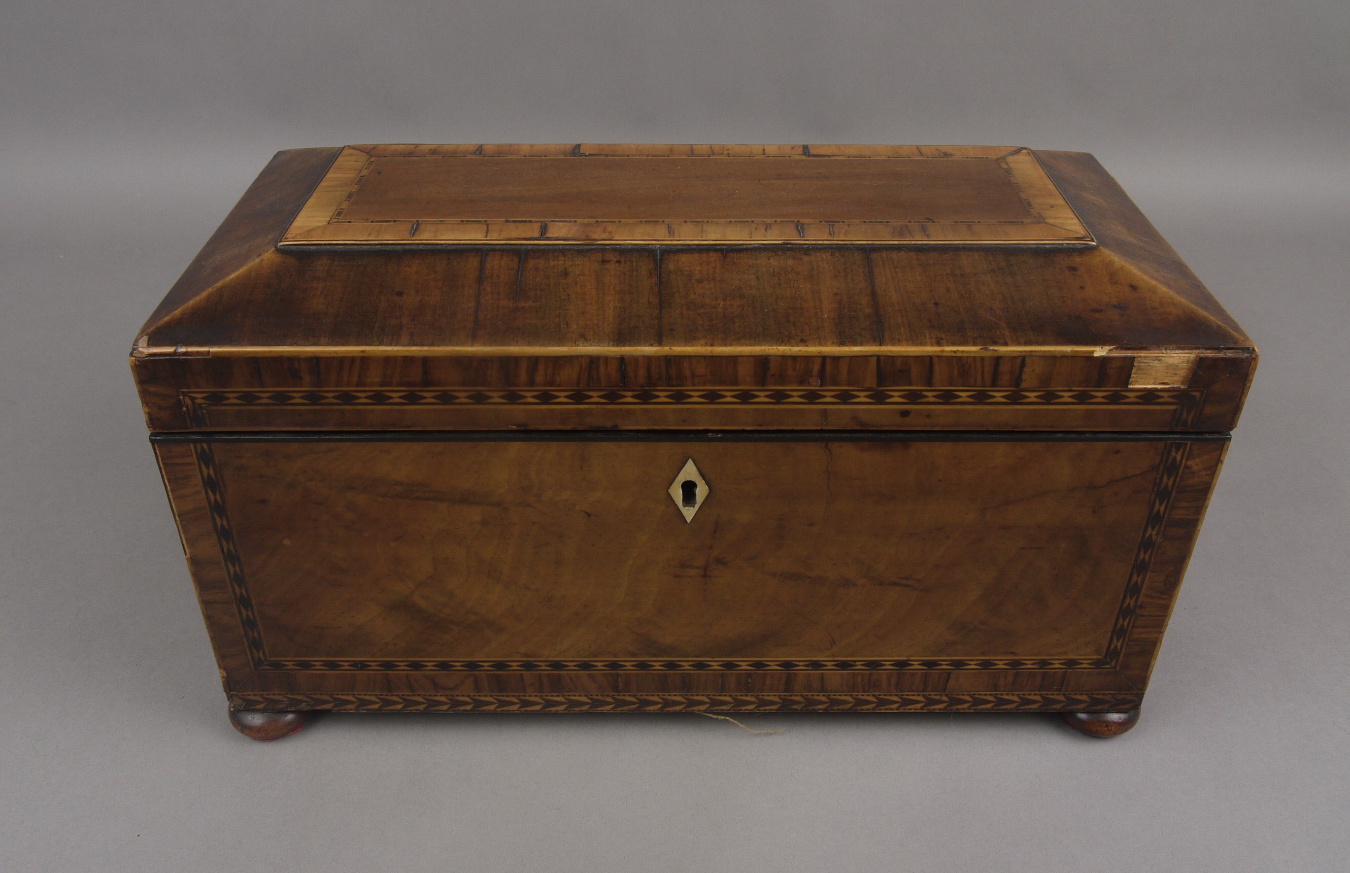 A REGENCY FIGURED MAHOGANY AND ROSEWOOD BANDED SARCOPHAGUS TEA CADDY, with parquetry banding,