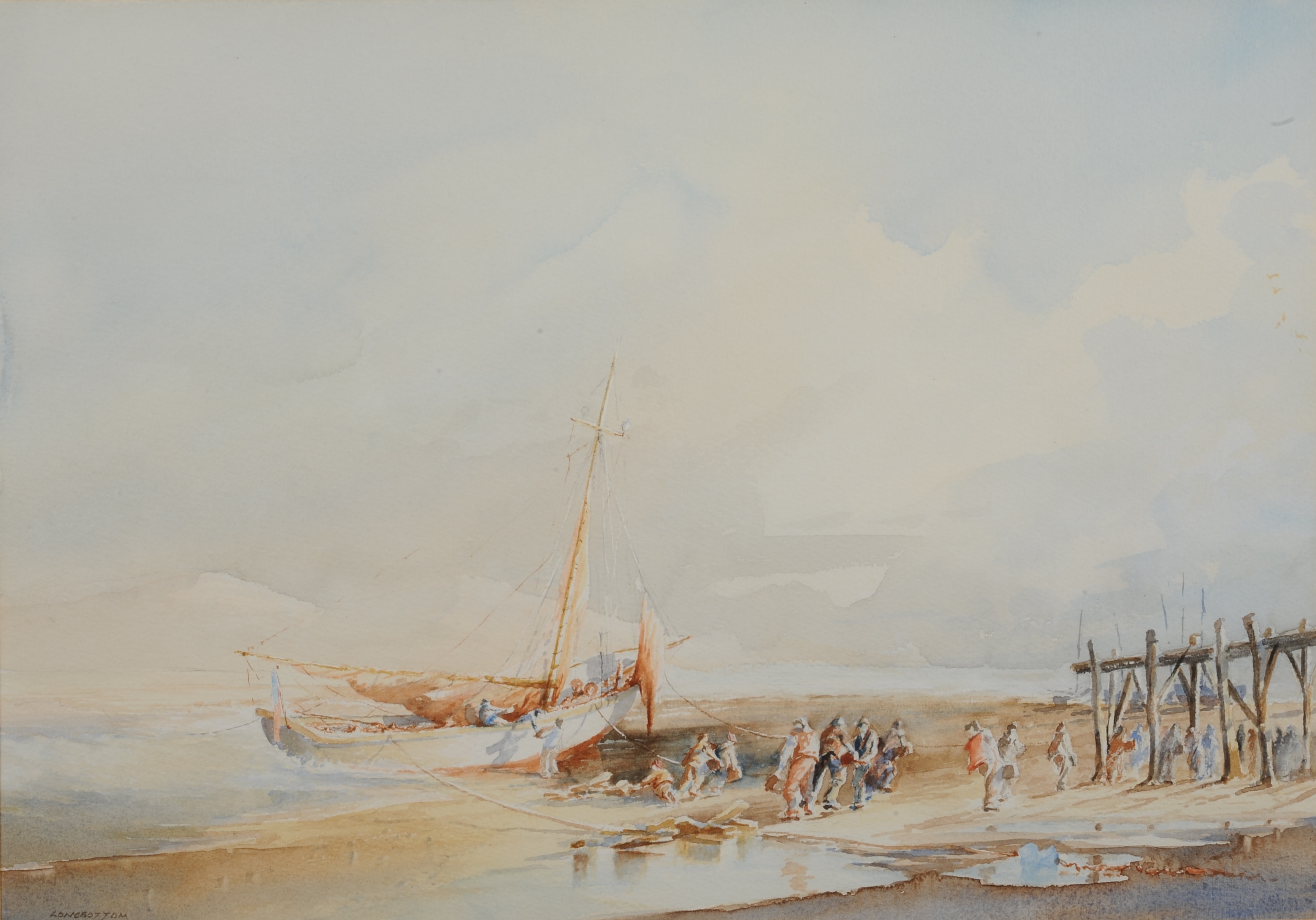 ARR MALCOLM RICHARD LONGBOTTOM (British b.1931), hauling in the boat, figures on a beach, bringing