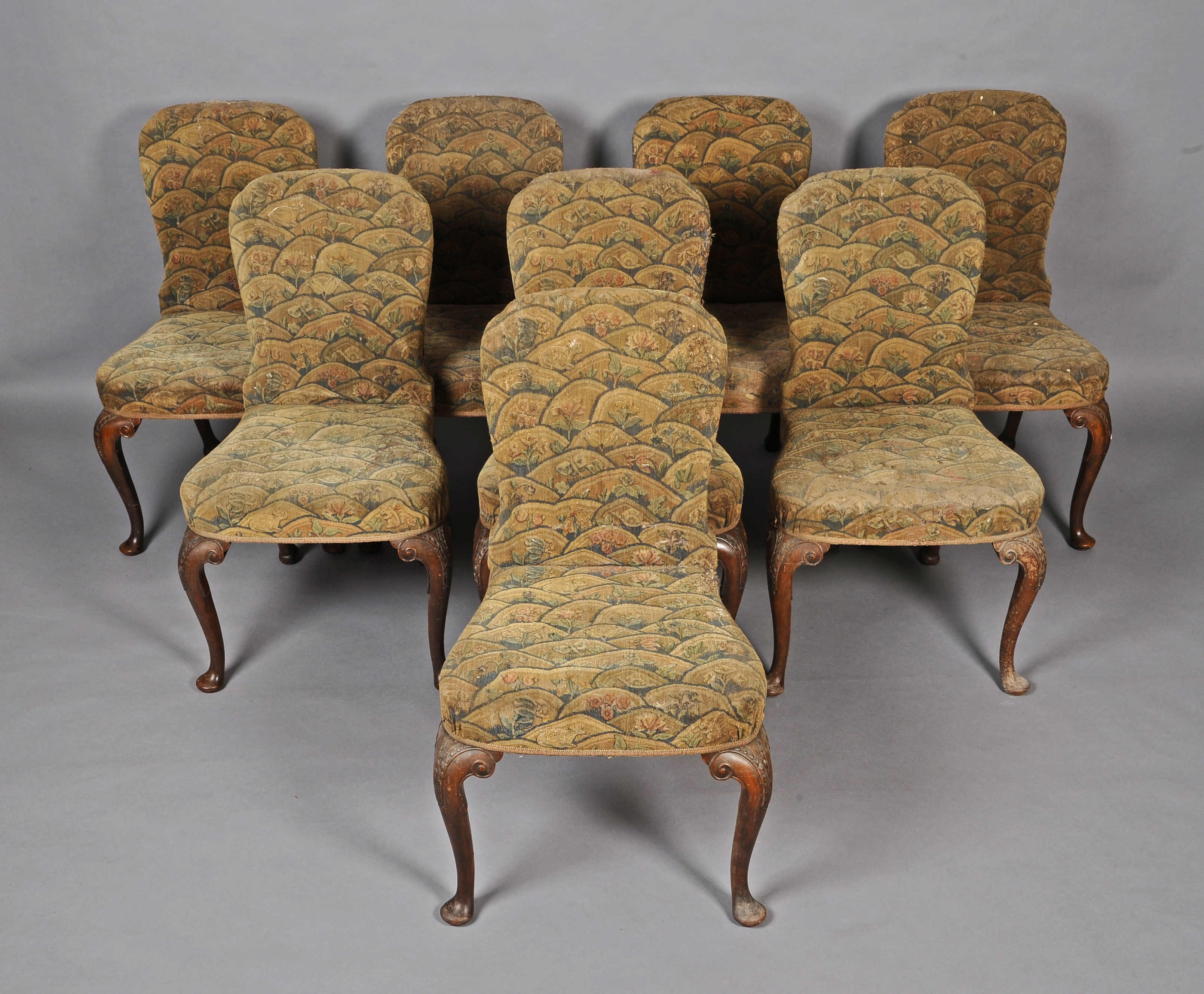 A SET OF EIGHT EARLY 18TH CENTURY-STYLE WALNUT AND BEECHWOOD SINGLE CHAIRS, each having a waisted