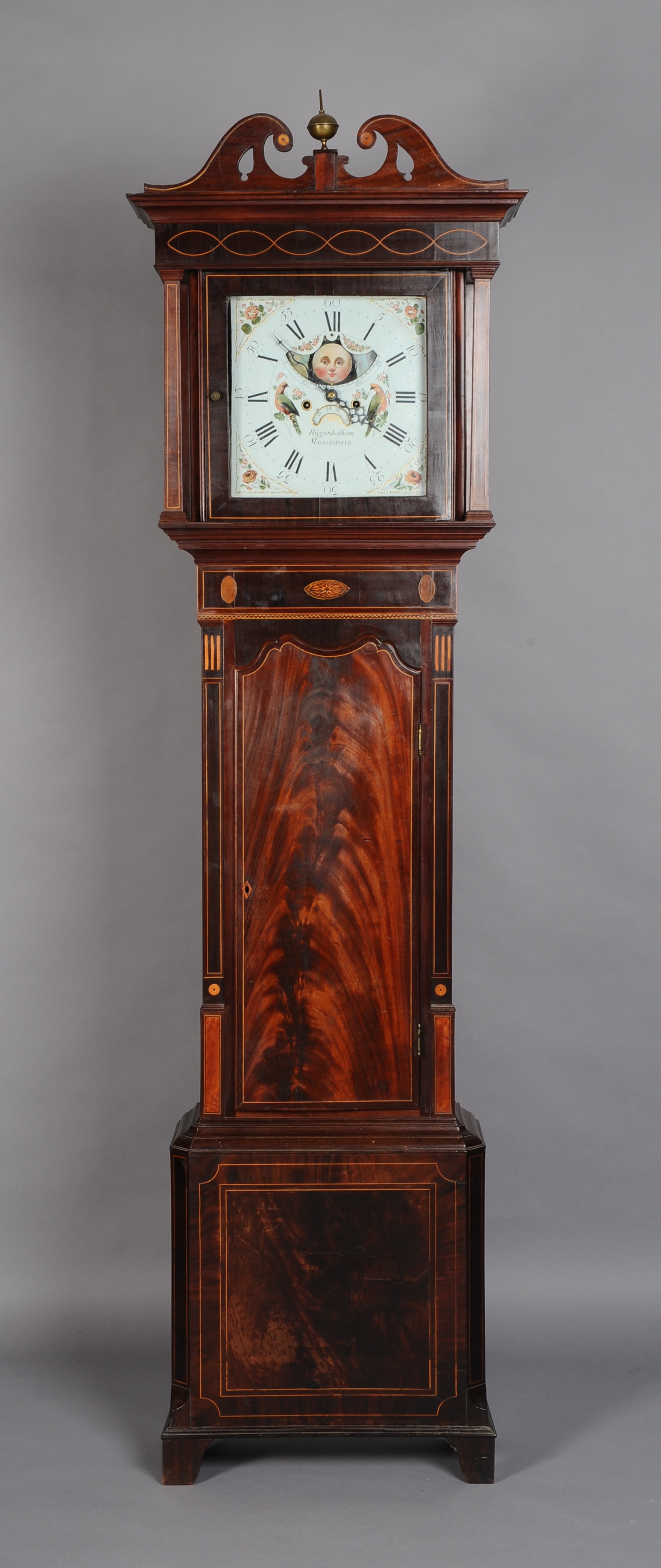 A GEORGE III FIGURED MAHOGANY AND INLAID LONGCASE CLOCK, the eight day movement striking on a