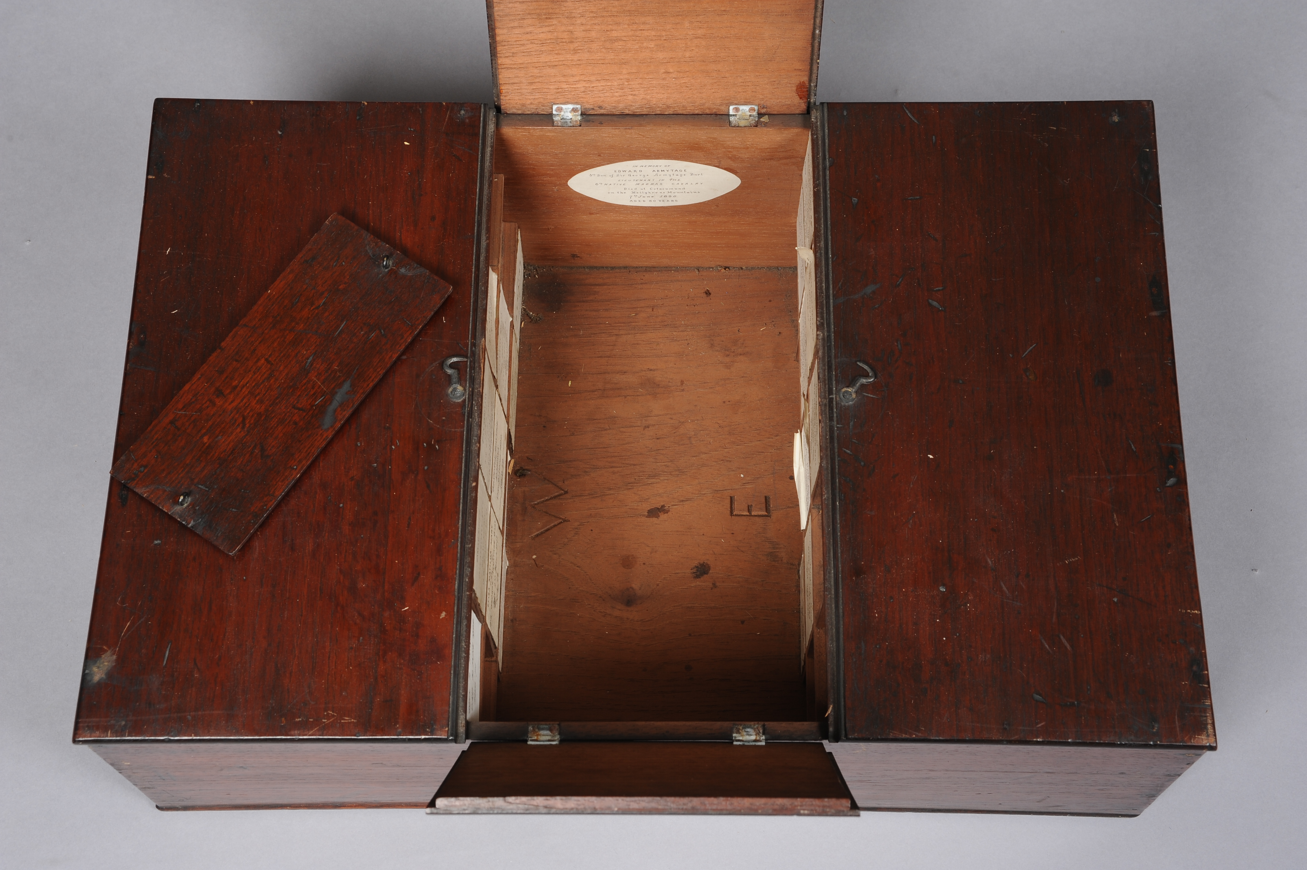 A 19TH CENTURY ELM `CRYPT` BOX, rectangular with side carrying handles, having twin lift up flaps