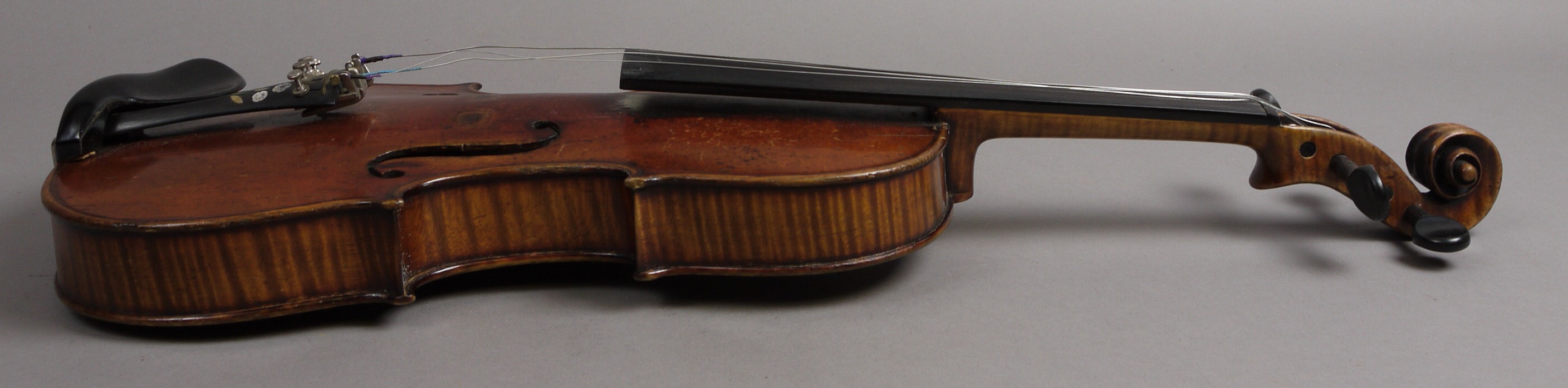 A VIOLIN, the one-piece maple back 36cm, inlaid purfling, the table conforming, with two nickel