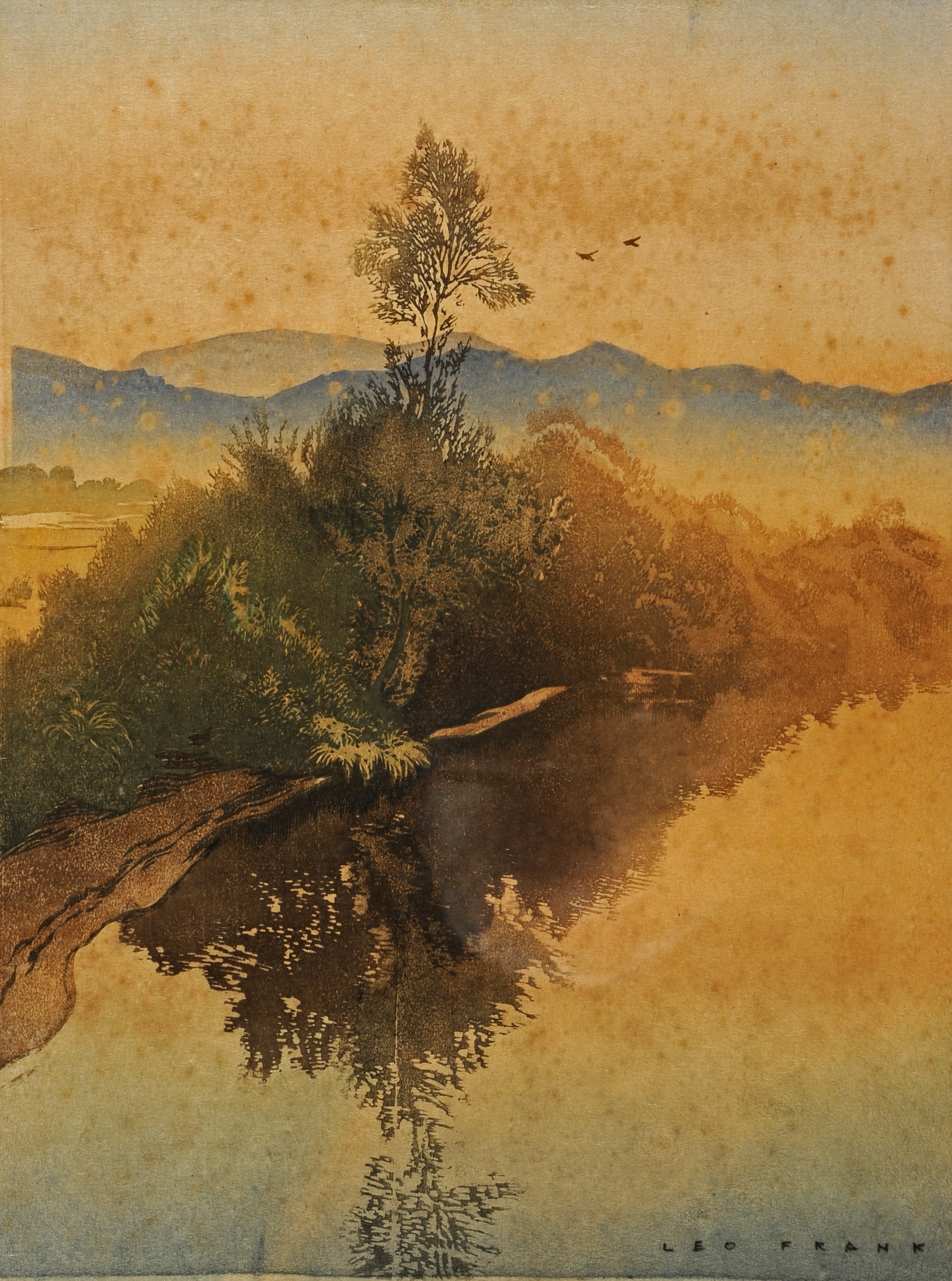 ARR LEO FRANK (Austrian 1884-1959), River landscape, woodcut in colours, 29.5cm x 22cm, a