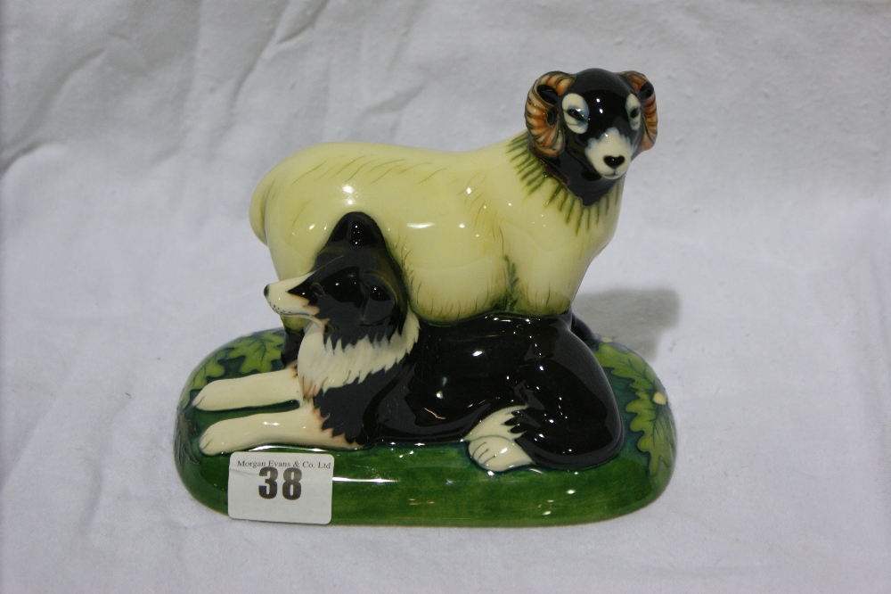 A 2007 Moorcroft Pottery Group Of Ram And Sheepdog, Red Dot Mark