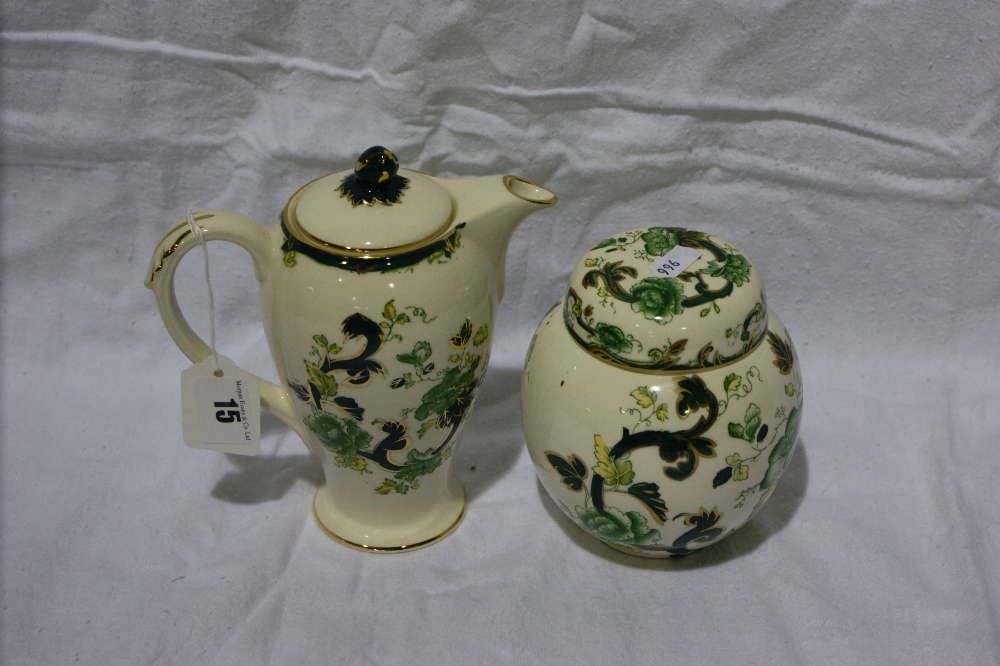 A Masons Ironstone Chartreuse Pattern Coffee Pot And Lidded Ginger Jar