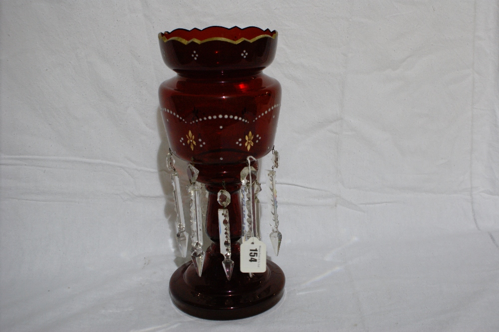 A Circular Based Ruby Glass Drop Lustre Vase, 14" High