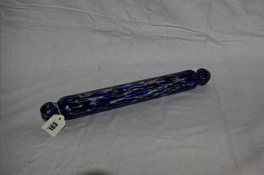A Good Nailsea Blue And Red Decorated Rolling Pin, 16"