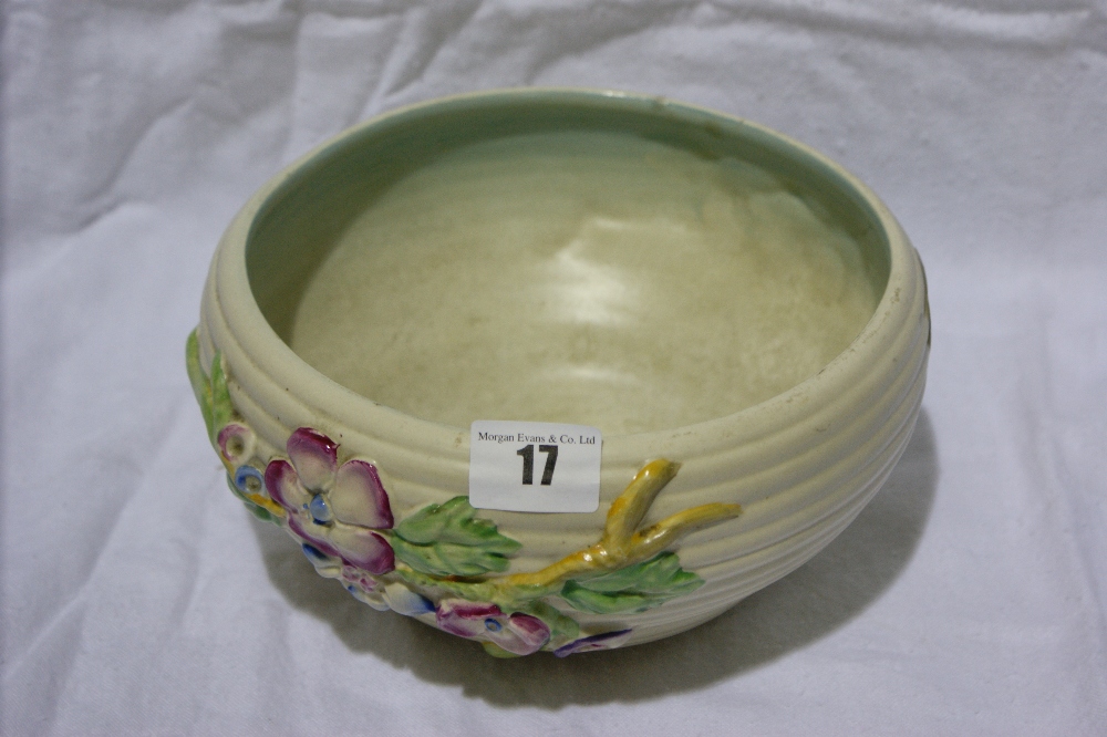 A Clarice Cliff Moulded Pottery Fruit Bowl With Relief Floral Decoration 8" Diameter