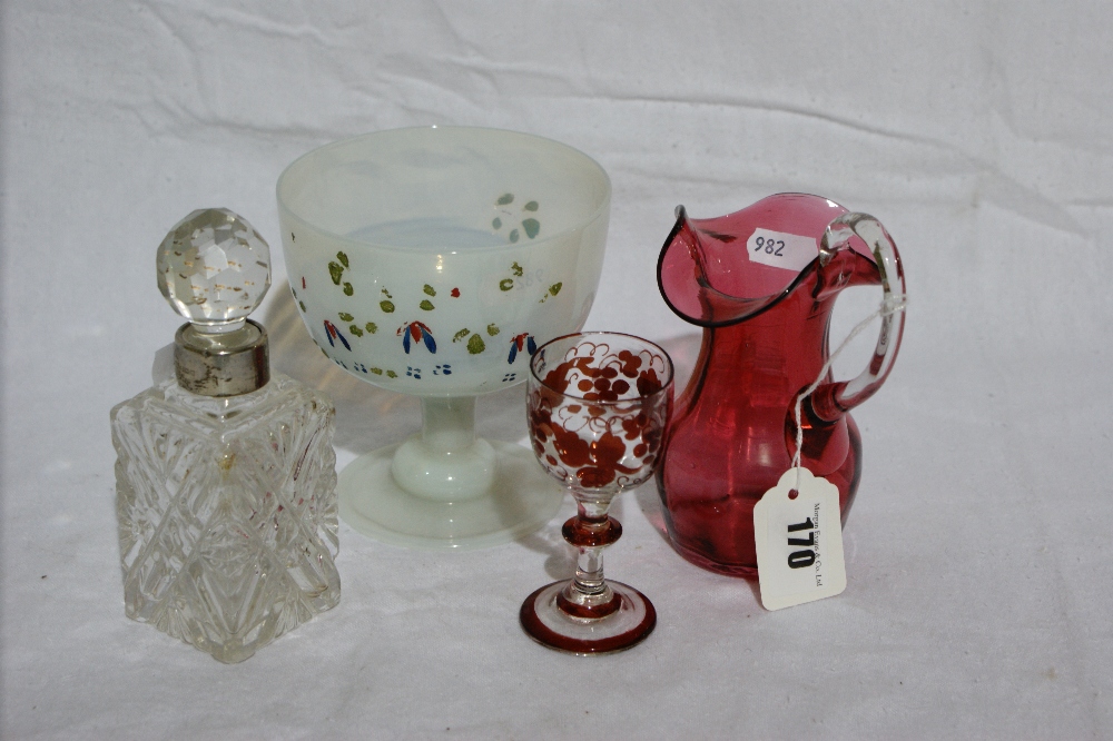 A Cranberry Tinted Cream Jug, A Square Based Scent Bottle With Silver Collar Etc (4)