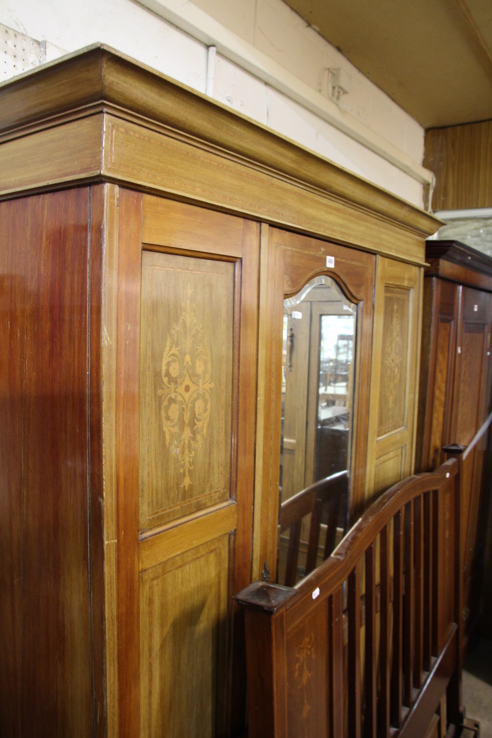 An Edwardian Mahogany And Inlaid Single Door Wardrobe Together With A Similar Bed Frame