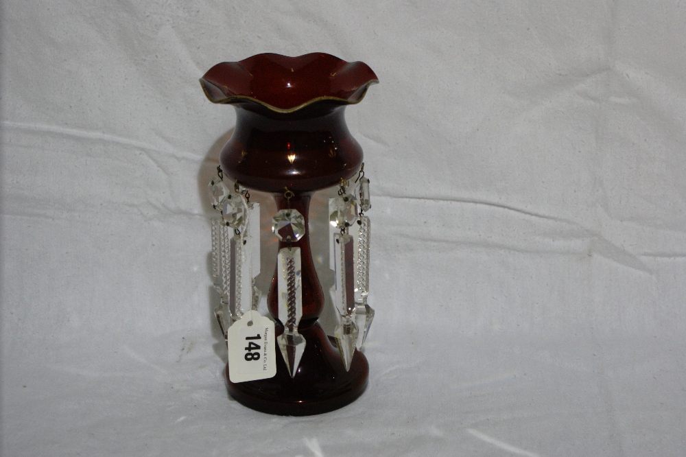 A Circular Based Ruby Glass Drop Lustre Vase, 9" High