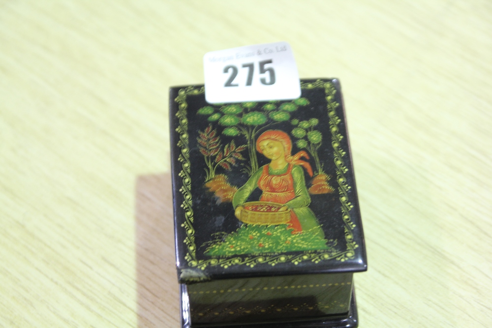 A Russian Lacquer Work Box With Painted Scene Of A Fruit Gatherer To The Lid, Signed