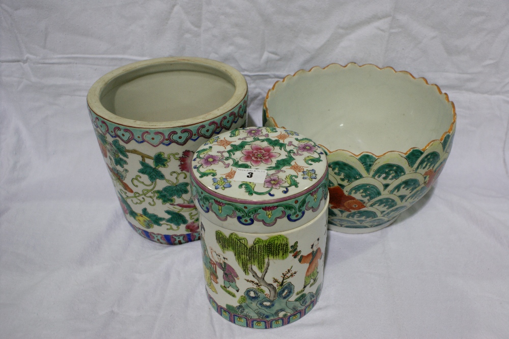 Two 20th Century Oriental Decorated Planters Together With A Similar Lidded Pot