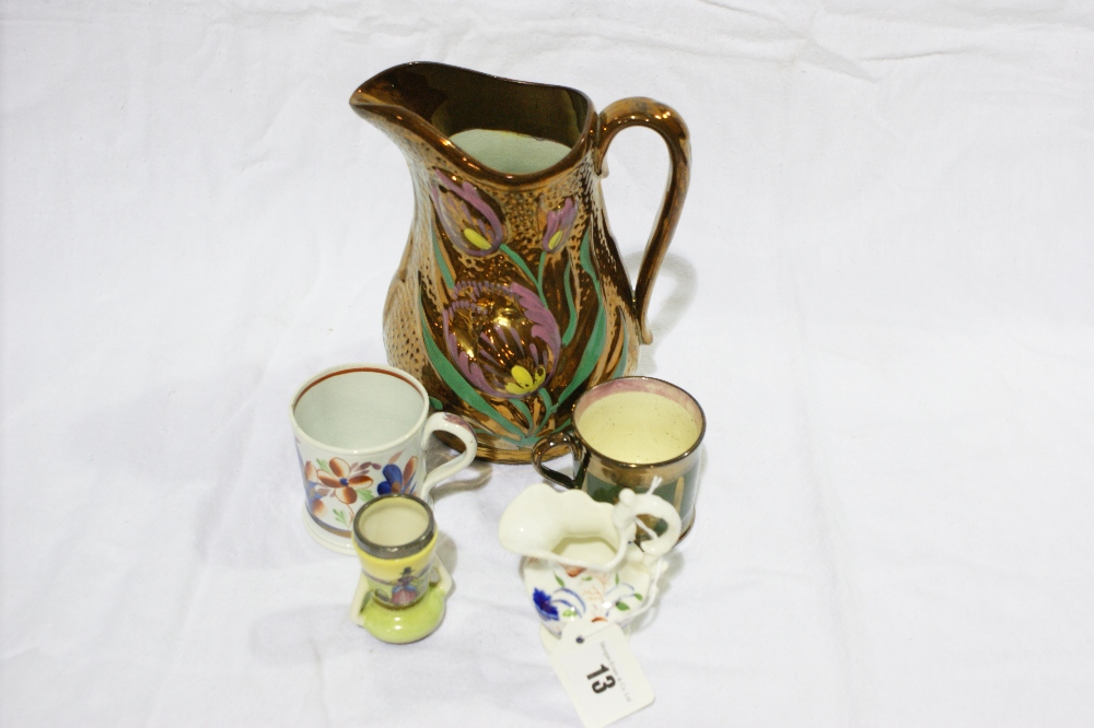 A Copper Lustre Decorated Milk Jug And Similar Mug Together With Two Gaudy Welsh Pieces And A Silver