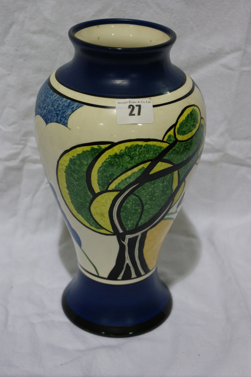 A Wedgwood Clarice Cliff Inspired Circular Based Baluster Vase With Stylised Cottage And Tree