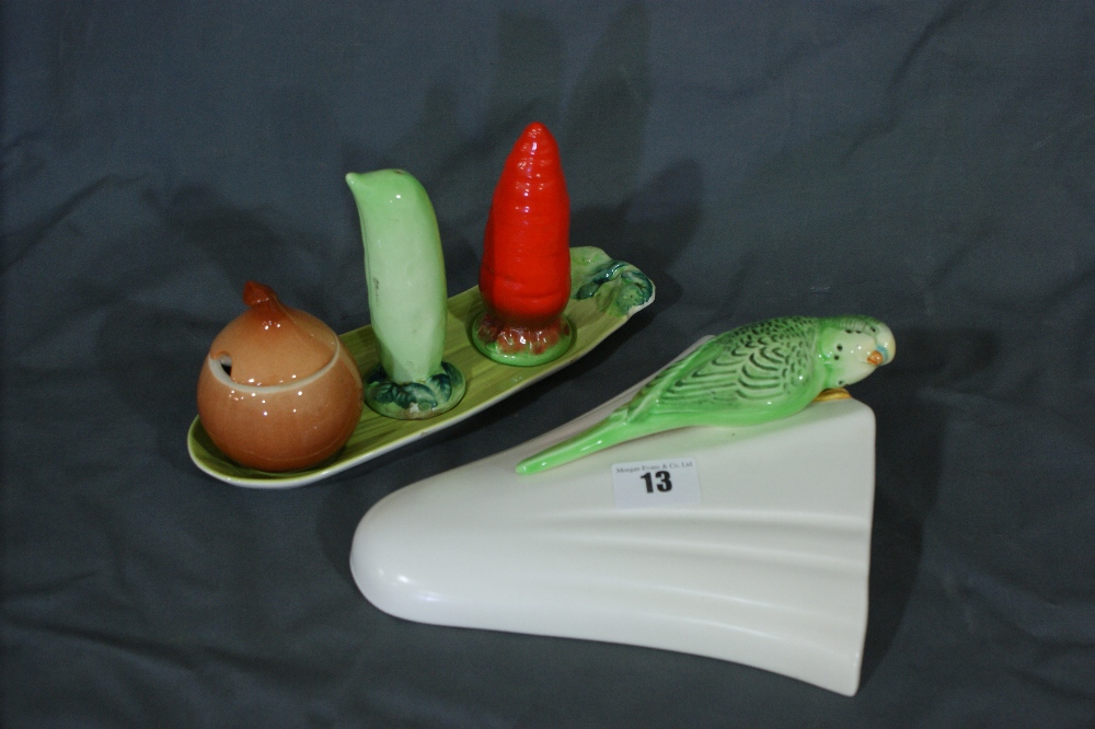 A Carlton Ware Four Piece Vegetable Condiment Set Together With A Sylvac Budgerigar Wall Pocket