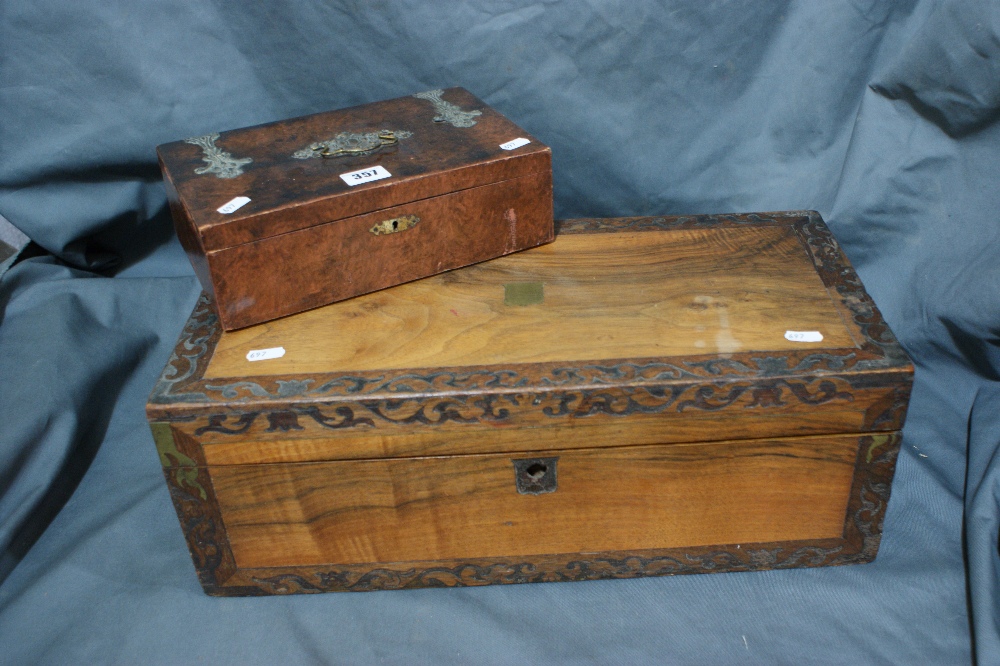A Victorian Walnut Writing Slope Together With A Burr Walnut Finish Sewing Box