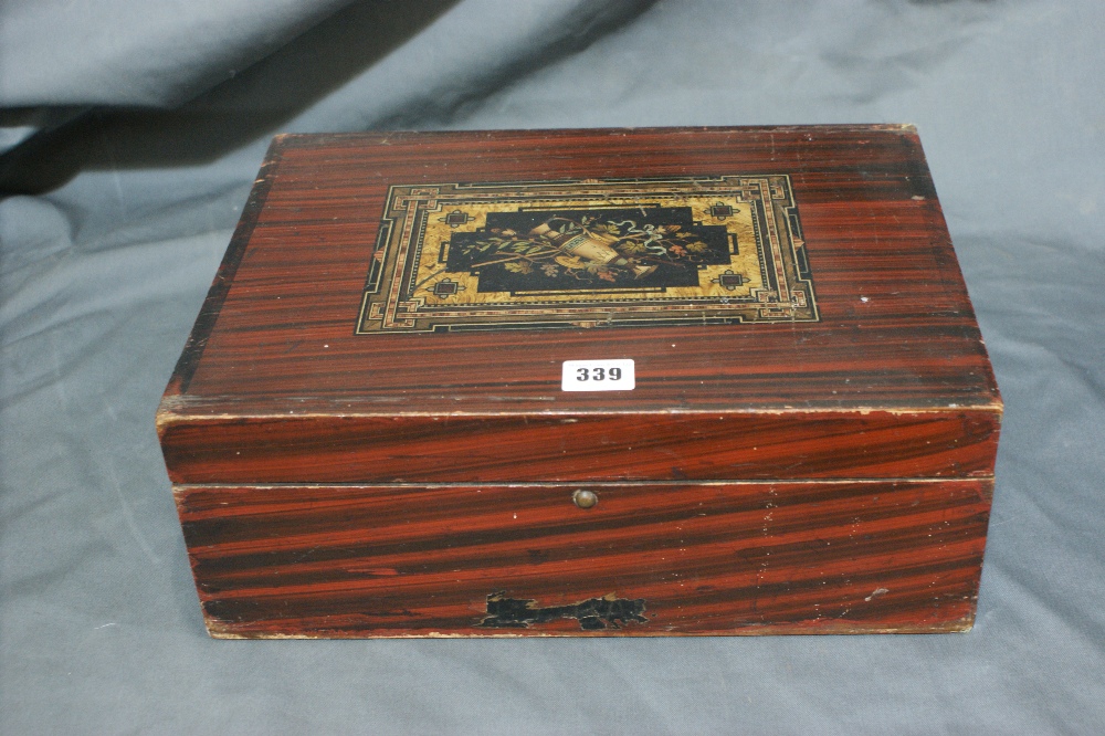 A Victorian Transfer Decorated Sewing Box Together With A Boxwood Money Box