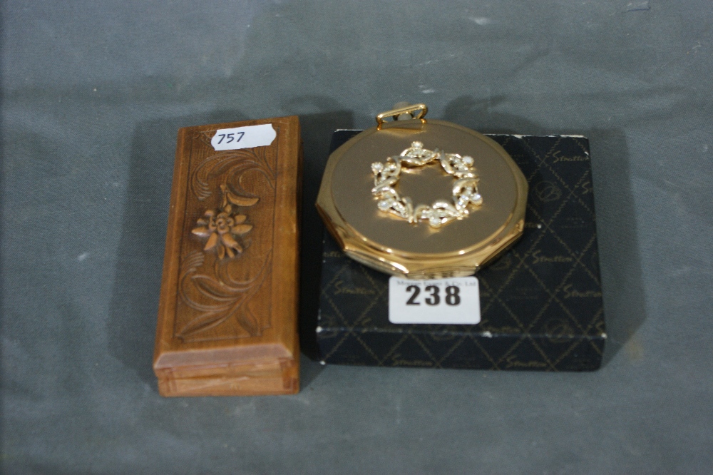 A Carved Four Compartment Wooden Stamp Box Together With A String Of Simulated Pearls And A Boxed