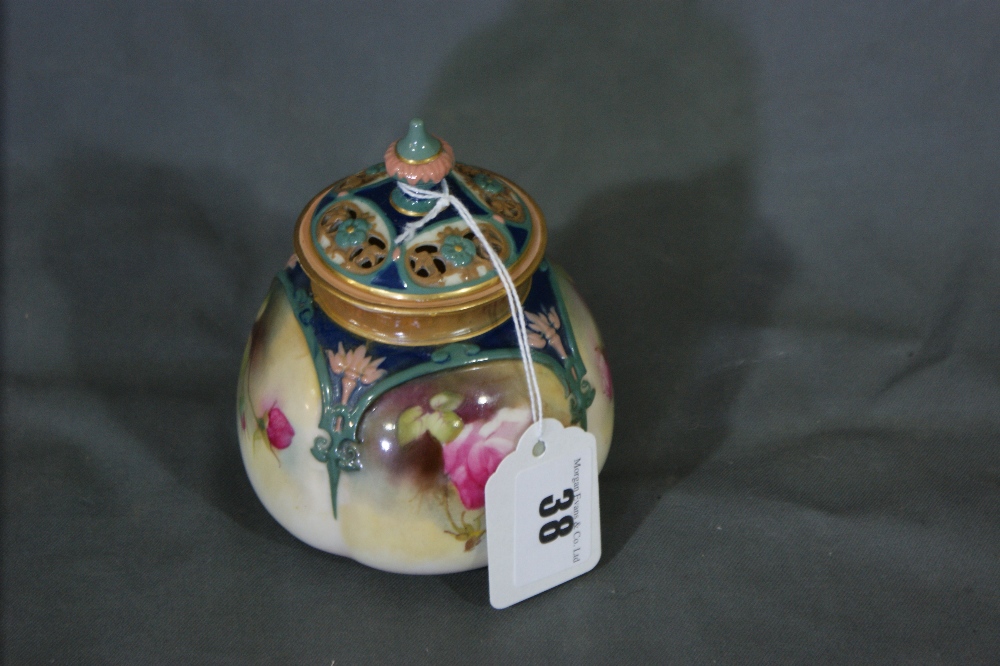 A Royal Worcester Blush Ground Globular Pot Pourri Vase And Cover With Painted Rose Panels, 4" High