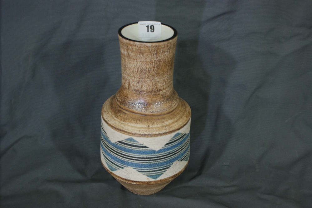 A Cylindrical Troika Pottery Flower Vase With Geometric Design, 10" High